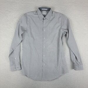 C LAB NYC Dress Shirt Mens Medium 15.5 33/34 Gray Striped 4 Way Stretch Slim Fit